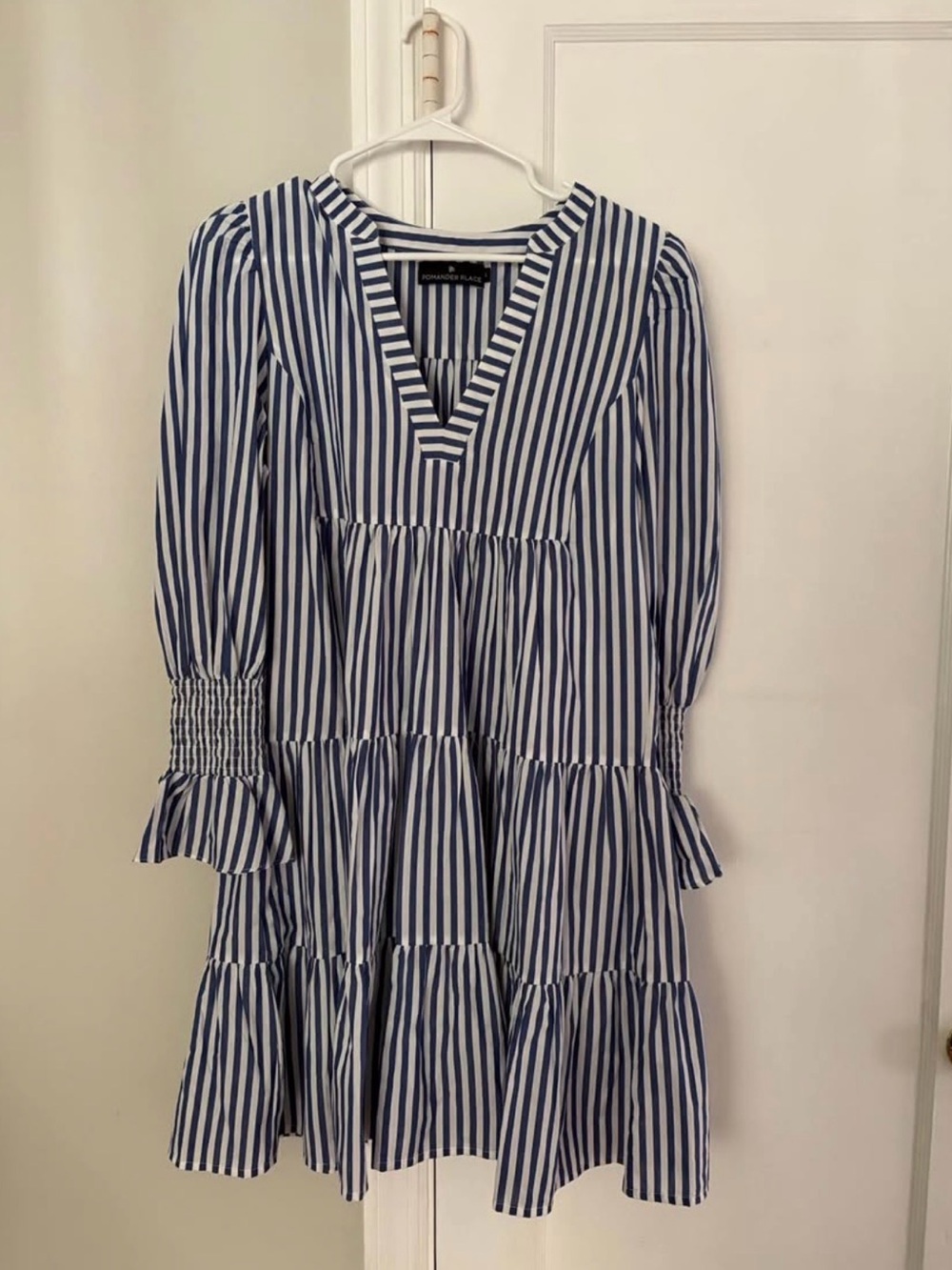Pomander Place Blue and White Striped Tiered V-Neck Mini Dress